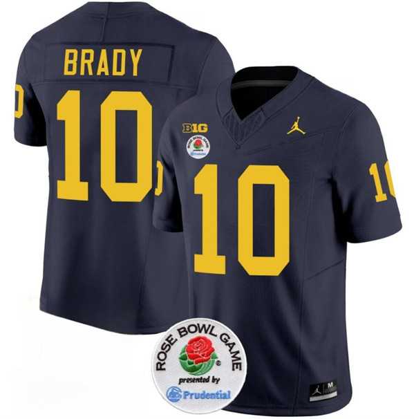 Men's Michigan Wolverines #10 Tom Brady 2023 F.U.S.E. Navy Blue Rose Bowl Patch Stitched Jersey Dzhi